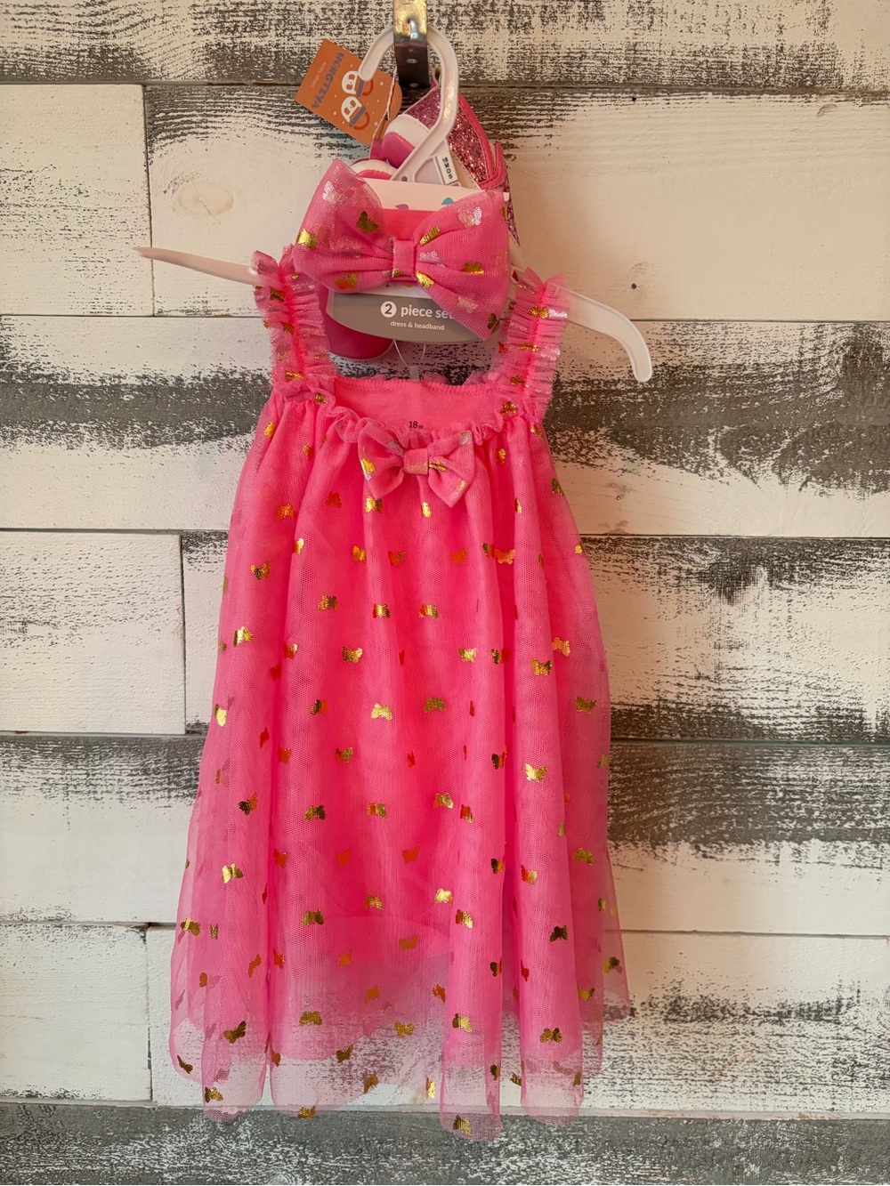 Pink Tulle Dress with Gold Accent Bow Headband - 2 Piece Set + Matching Shoes - Picture 1 of 9